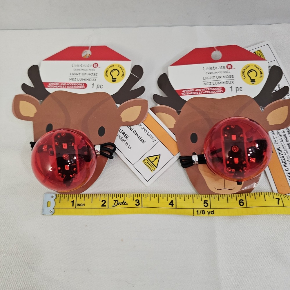 2 Rudolph the Red Nose W/Elastic Straps Christmas Lights Up Nose